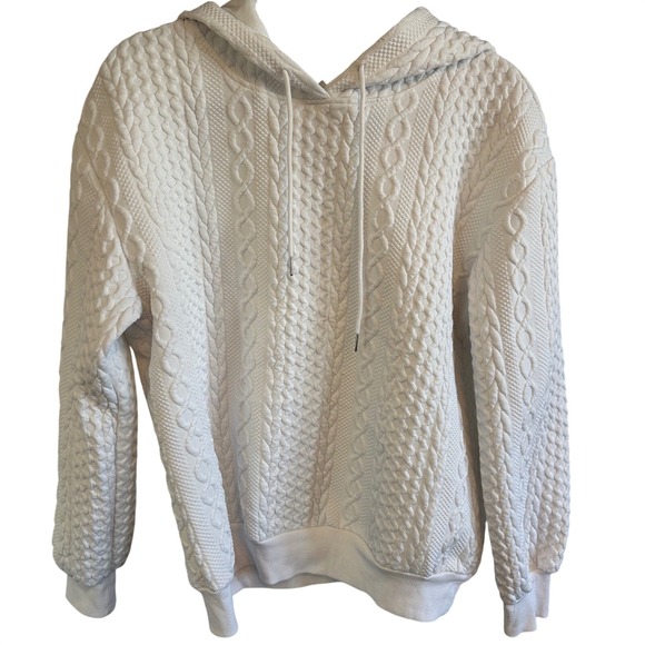 Tops - Womens White Cable Knit Hoodie Sweatshirt Textured Pullover Large L